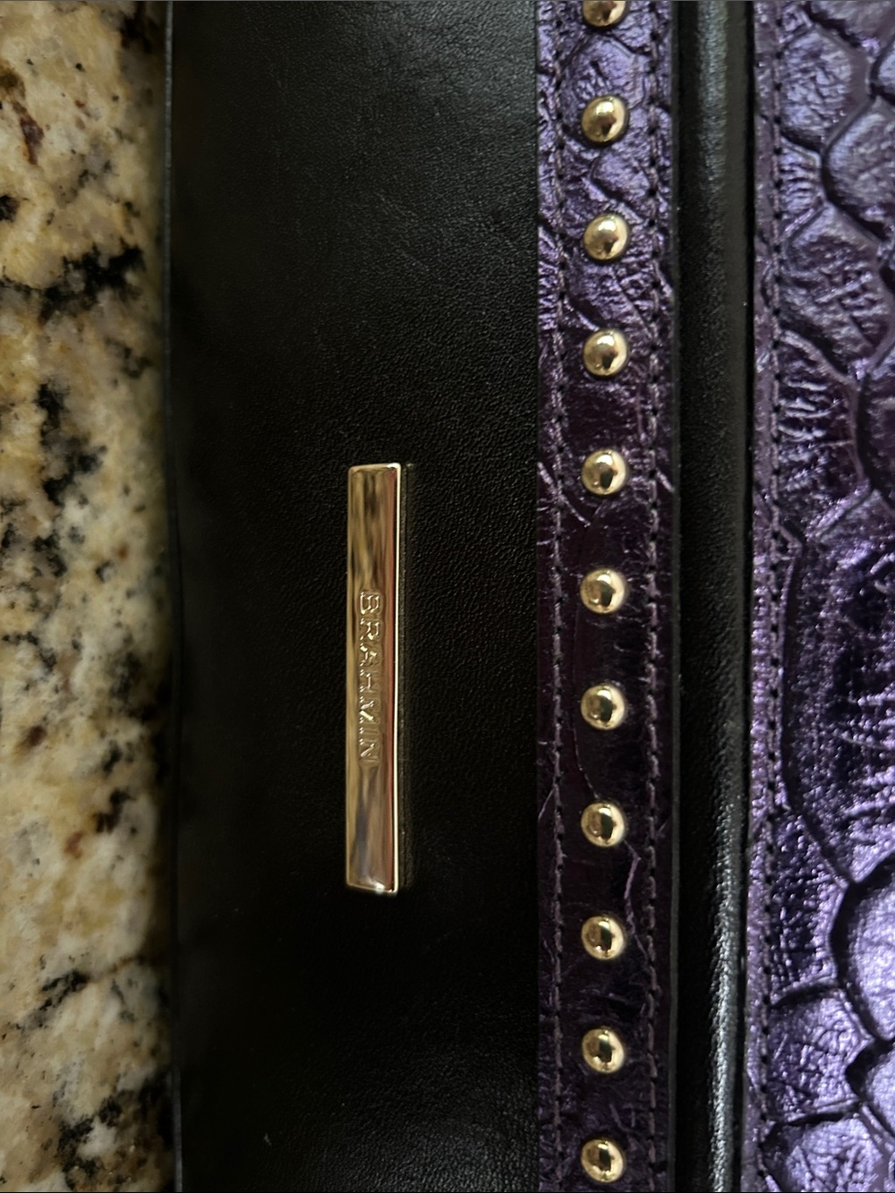 Brahmin Purple Faux-Snakeskin Tote with Black Trim and Gold Accents - Picture 3 of 11